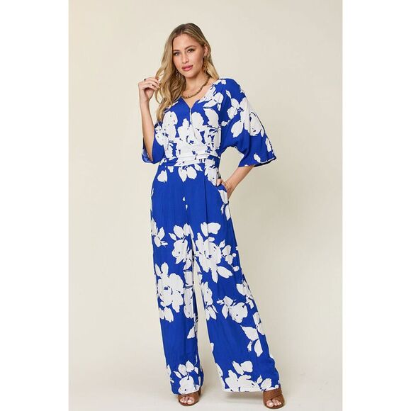 Double Take Full Size Printed Tie Back Wide Leg Jumpsuit - Picture 1 of 15